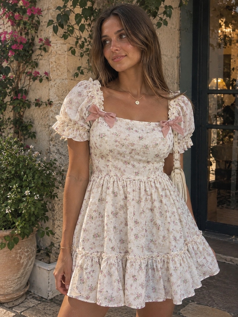 Altard State Ivory Floral Puff Sleeve Mini Dress Size L Cottagecore NWT